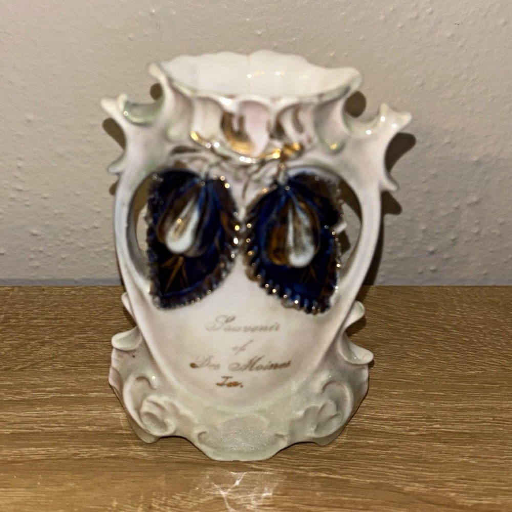 Antique German Porcelain Souvenir Vase Des Moines Iowa Cobalt Blue Gold vintage